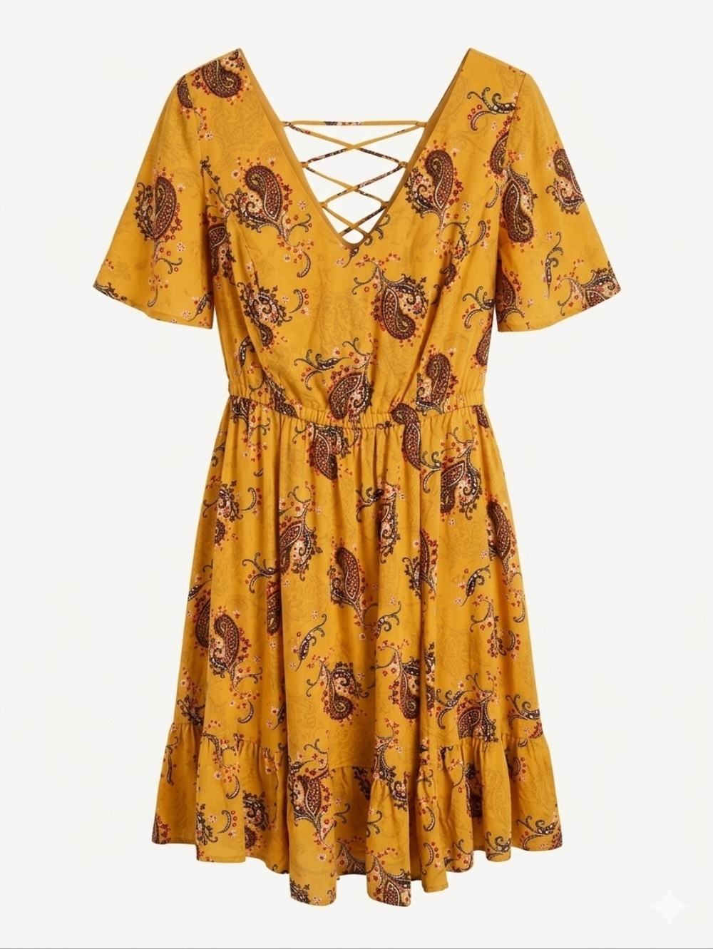 Torrid Yellow Paisley Corset Back Ruffle Hem Summer Dress